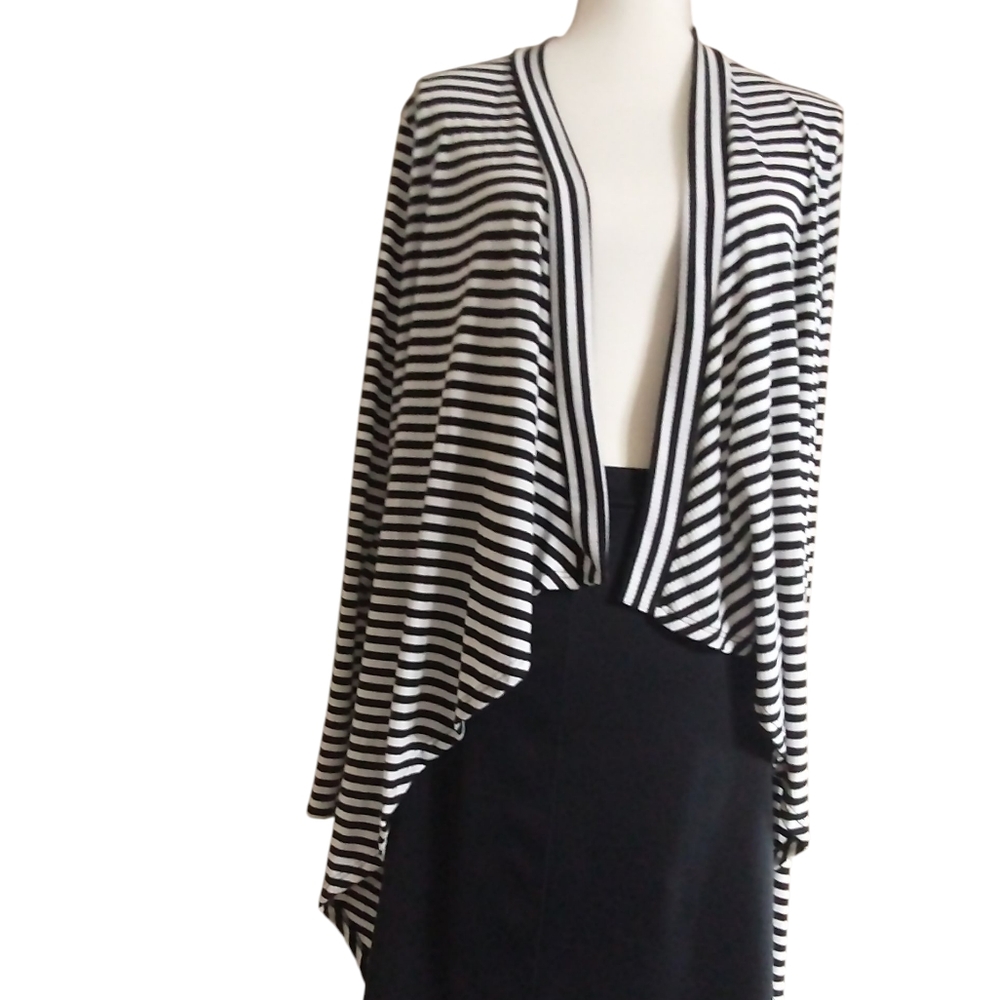 Black and White Striped Open Cardigan